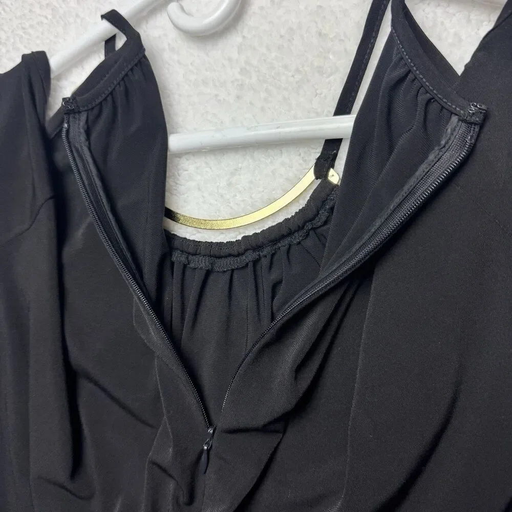 Michael Kors Cold Shoulder Top Womens XL Black Gold Accent Neck Zip Long Sleeve